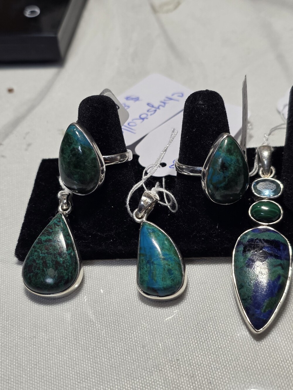 Sterling Silver Teardrop Chrysocolla Pendant and Ring Set - Blue Green
